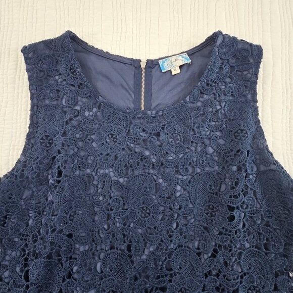 J Gee Tiered Eyelet Lace Dress Women’s XL Navy Blue Sleeveless Lined EUC VTG - Picture 4 of 14